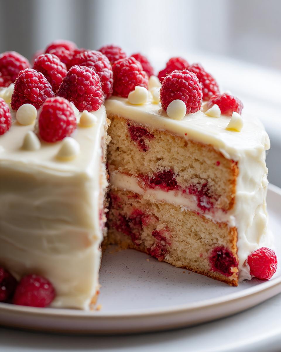 A slice of White Chocolate Raspberry Cake with Cream Cheese Frosting, topped with fresh raspberries and white chocolate chips.