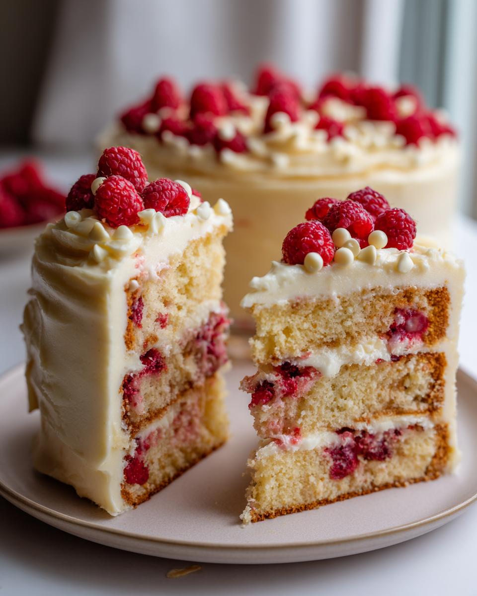 Two slices of White Chocolate Raspberry Cake with Cream Cheese Frosting, showcasing layers of cake, frosting, and raspberries.