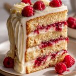 A decadent slice of White Chocolate Raspberry Cake with layers of cake, cream cheese frosting, and raspberry filling, topped with fresh raspberries.