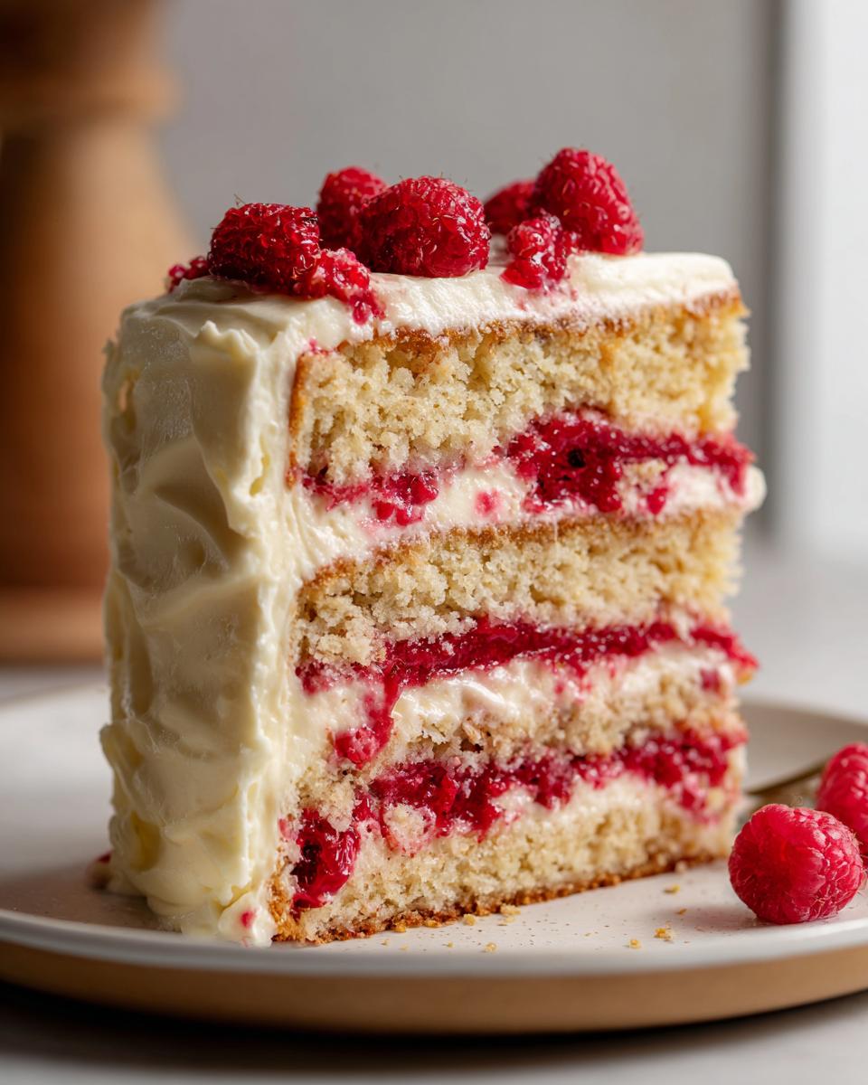 Glorious White Chocolate Raspberry Cake 4 U 4 A slice of White Chocolate Raspberry Cake with Cream Cheese Frosting, layered with raspberries and topped with fresh berries.