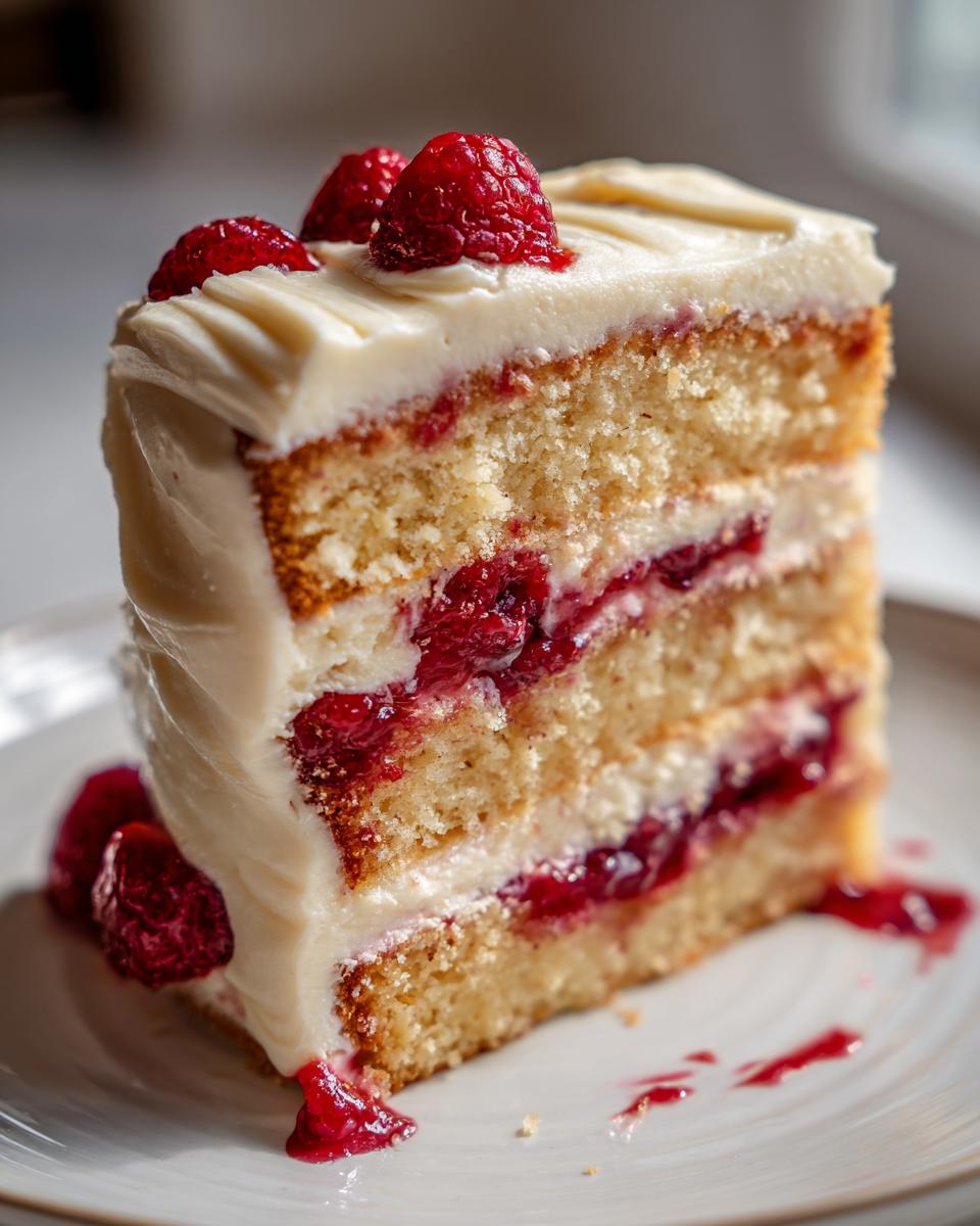 Glorious White Chocolate Raspberry Cake 4 U 5 A slice of White Chocolate Raspberry Cake with Cream Cheese Frosting, layered with raspberries and topped with fresh berries.