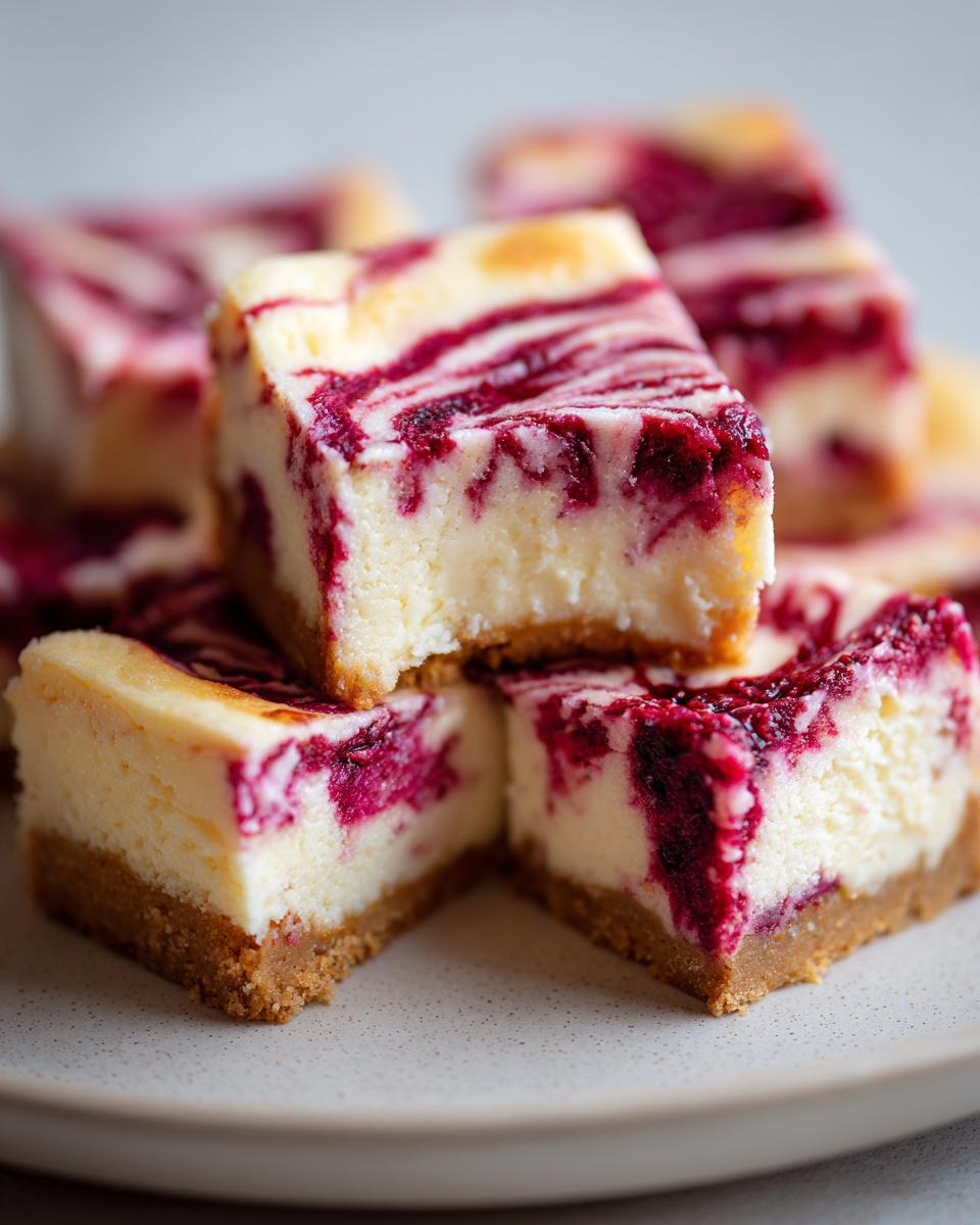 A close-up stack of White Chocolate Raspberry Cheesecake Bars, showcasing the creamy white filling swirled with vibrant raspberry.