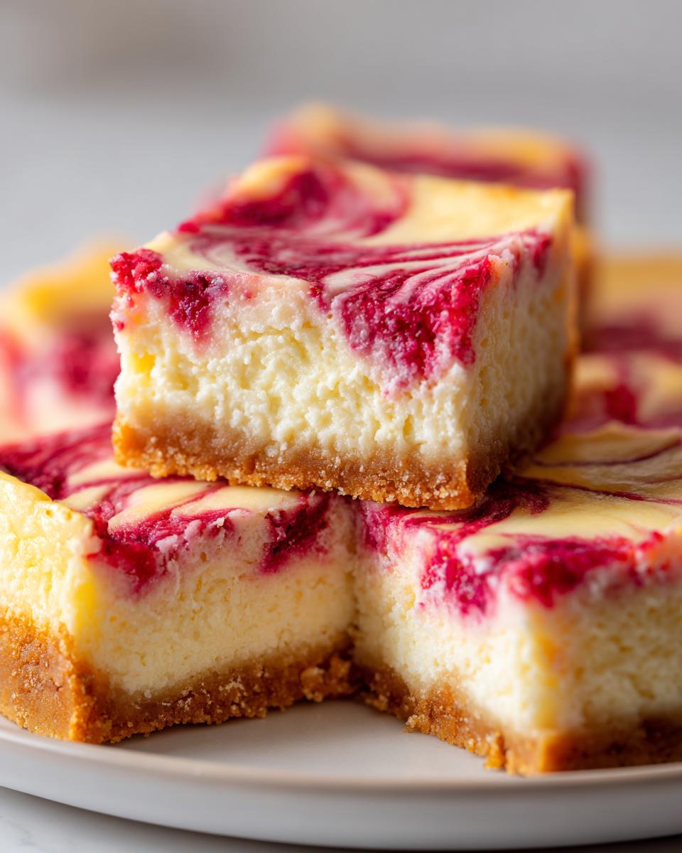 A close-up of stacked White Chocolate Raspberry Cheesecake Bars on a plate, showcasing the creamy filling and raspberry swirl.