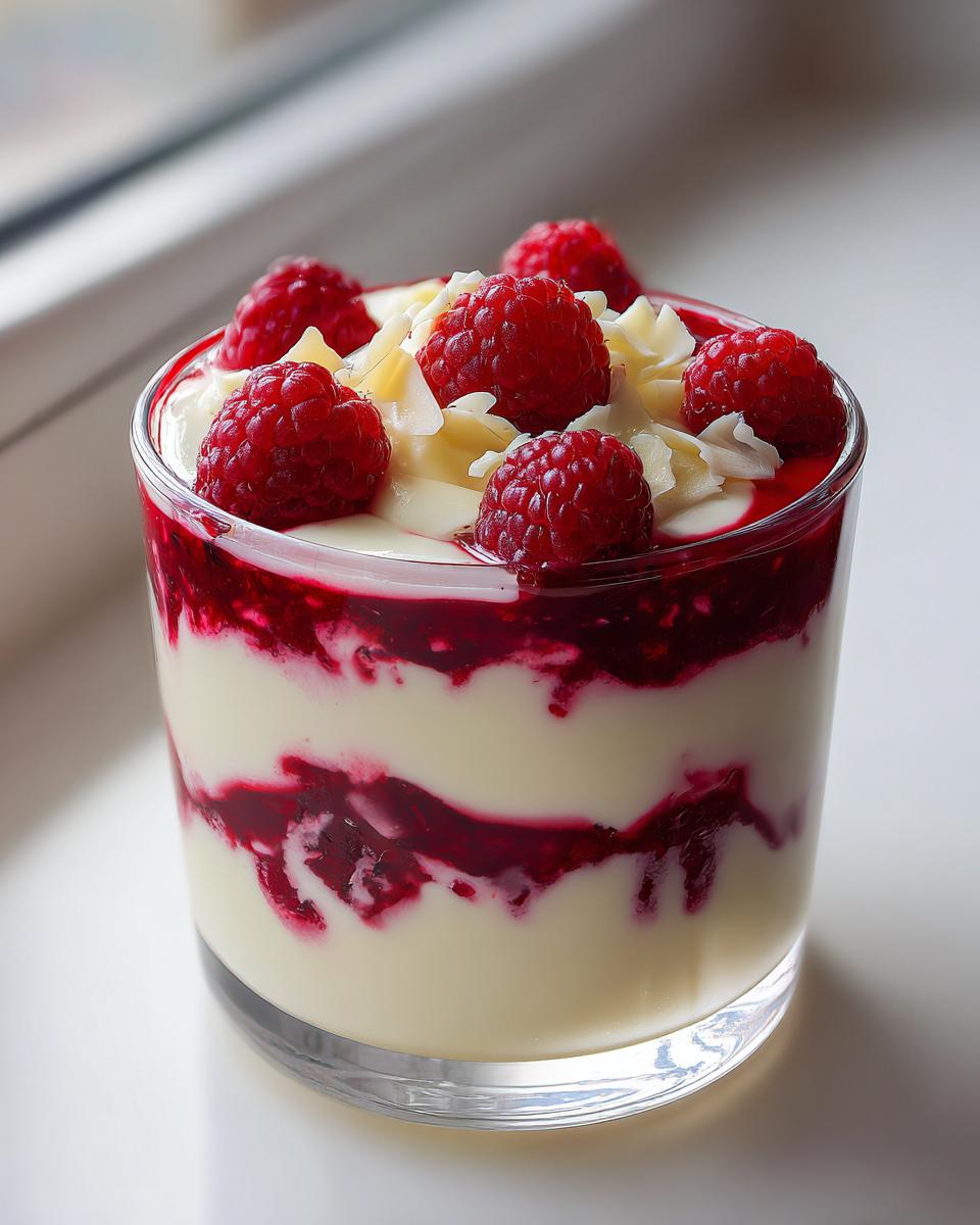White Chocolate Raspberry Mousse Cups: 10 Min Prep 4 Close-up of a White Chocolate Raspberry Mousse Cup dessert in a glass, topped with fresh raspberries and white chocolate shavings.