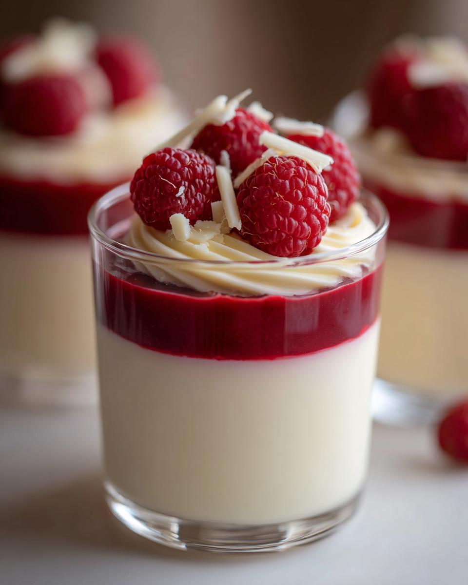 White Chocolate Raspberry Mousse Cups: 10 Min Prep 5 Close-up of a White Chocolate Raspberry Mousse Cup topped with fresh raspberries and white chocolate shavings.
